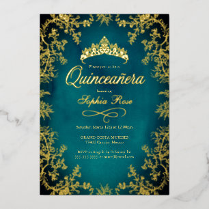 Blauwgroen Gouden Kroon Bloemen Quinceanera Folie Uitnodiging