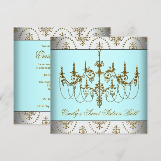 Blauwgroen gouden kroonluchter Classy Sweet Sixtee Kaart (Voorkant / Achterkant)