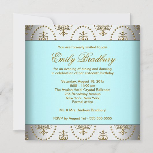 Blauwgroen gouden kroonluchter Classy Sweet Sixtee Kaart (Achterkant)