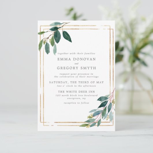 Blauwgroen gouden Lijst Botanische Greenery Weddin Kaart (Staand voorkant)