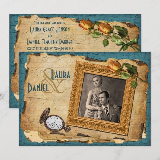 Blauwgroen, gouden Lijst Foto Weddenschap II Kaart (Voorkant / Achterkant)