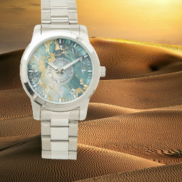 Blauwgroen gouden marmeren horloge – oversized zil