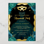 Blauwgroen gouden maskerade feestjurk Quinceanera Folie Uitnodiging (Voorkant)