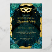 Blauwgroen Gouden Masquerade Party Roos Jurk Quinc Folie Uitnodiging (Voorkant)
