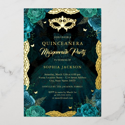 Blauwgroen Gouden Masquerade Party Roos Jurk Quinc Folie Uitnodiging (Voorkant)