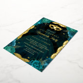 Blauwgroen Gouden Masquerade Party Roos Jurk Quinc Folie Uitnodiging (Gedraaid)