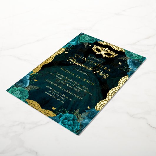 Blauwgroen Gouden Masquerade Party Roos Jurk Quinc Folie Uitnodiging (Gedraaid)