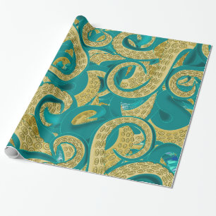 Blauwgroen gouden octopus inpakpapier