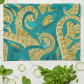 Blauwgroen gouden octopus keukenhanddoek (Gevouwen)