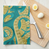 Blauwgroen gouden octopus keukenhanddoek (Quarter Fold)