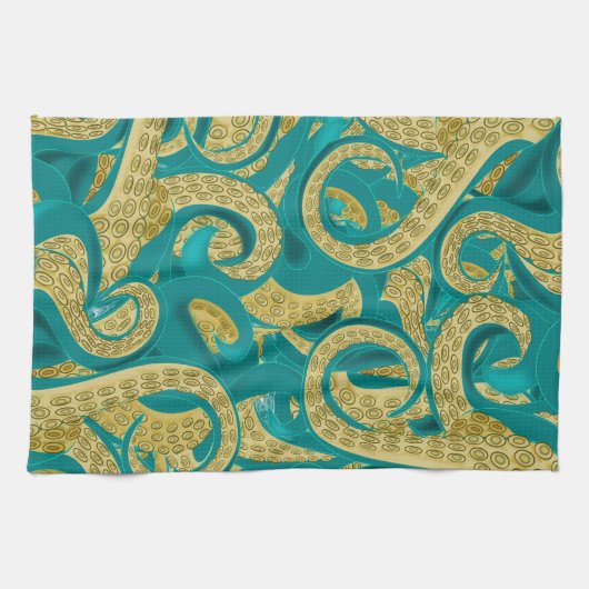 Blauwgroen gouden octopus keukenhanddoek (Horizontaal)