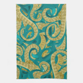 Blauwgroen gouden octopus keukenhanddoek (Verticaal)