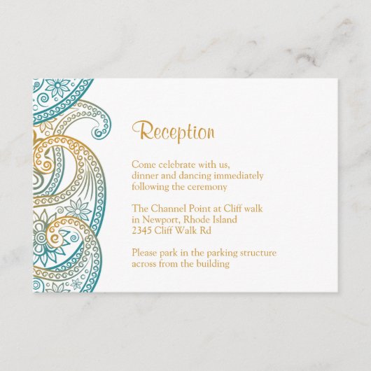 Blauwgroen & Gouden Paisley Receptie, Indiase brui Informatiekaartje (Voorkant)