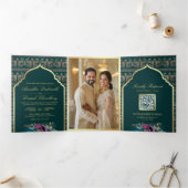 Blauwgroen gouden pauwenpatroon bloemenindiaanse b drieluik uitnodiging (Binnen)