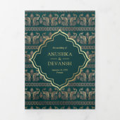 Blauwgroen gouden pauwenpatroon bloemenindiaanse b drieluik uitnodiging (Cover)