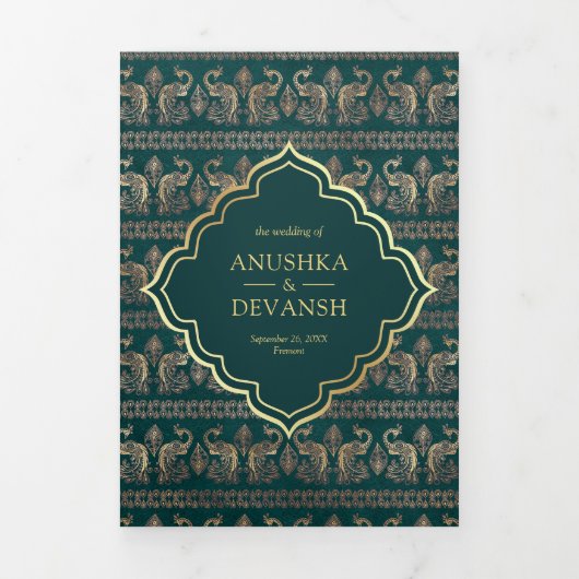 Blauwgroen gouden pauwenpatroon bloemenindiaanse b drieluik uitnodiging (Cover)