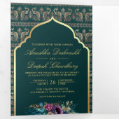 Blauwgroen gouden pauwenpatroon bloemenindiaanse b drieluik uitnodiging (Binnenzijde eerst)