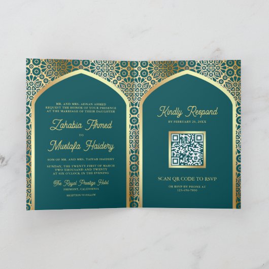 Blauwgroen Gouden Perzische boog QR Code Moslim Br (Binnen)