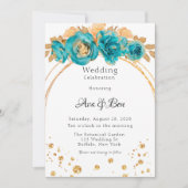 Blauwgroen gouden pioen geometrische bruiloft vier kaart (Voorkant)