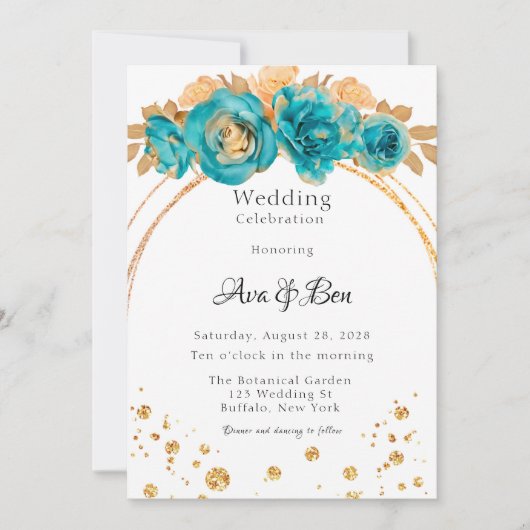 Blauwgroen gouden pioen geometrische bruiloft vier kaart (Voorkant)