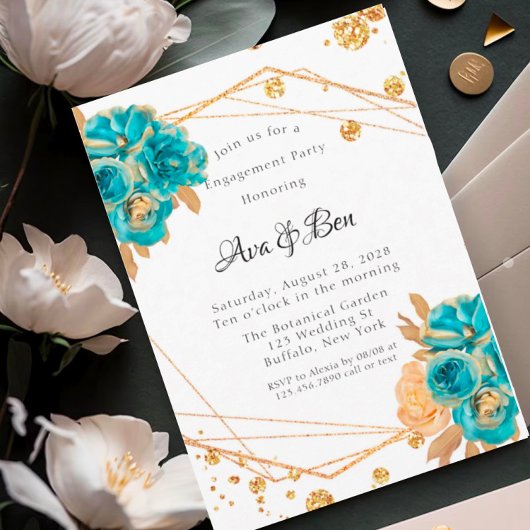 Blauwgroen gouden pioen geometrische bruiloft vier kaart