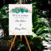 Blauwgroen gouden pioen geometrische bruiloft vier kaart