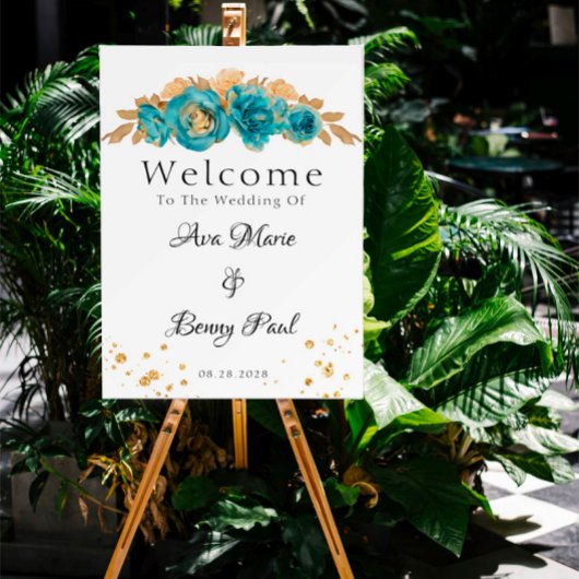 Blauwgroen gouden pioen geometrische bruiloft vier kaart