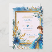 Blauwgroen gouden quinceanera jurk ceremonie recep kaart (Voorkant)