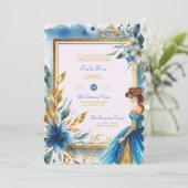 Blauwgroen gouden quinceanera jurk ceremonie recep kaart (Staand voorkant)