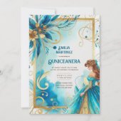 Blauwgroen gouden quinceañera jurk kaart (Voorkant)