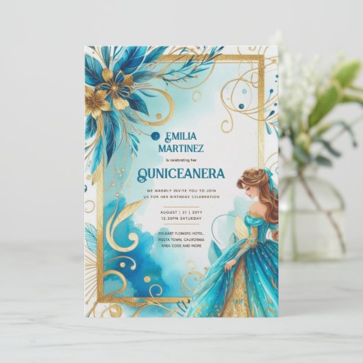 Blauwgroen gouden quinceañera jurk kaart (Staand voorkant)