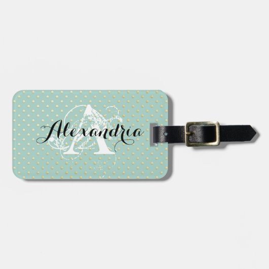 Blauwgroen gouden Stippen Monogram Bagagelabel (Voorkant horizontaal)