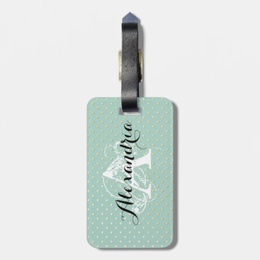 Blauwgroen gouden Stippen Monogram Bagagelabel (Achterkant verticaal)