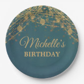 Blauwgroen gouden strijklampjes Birthday Party Wom Papieren Bordje (Voorkant)