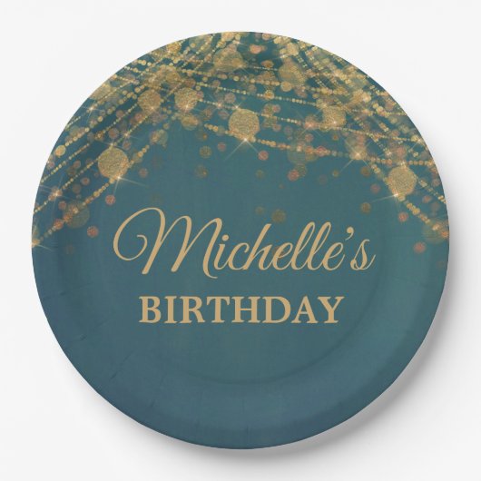 Blauwgroen gouden strijklampjes Birthday Party Wom Papieren Bordje (Voorkant)