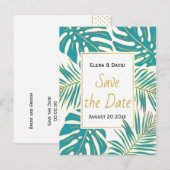 Blauwgroen, gouden tropische bladeren bruiloft Sav Aankondigingskaart (Voorkant / Achterkant)