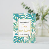 Blauwgroen, gouden tropische bladeren bruiloft Sav Aankondigingskaart (Staand voorkant)