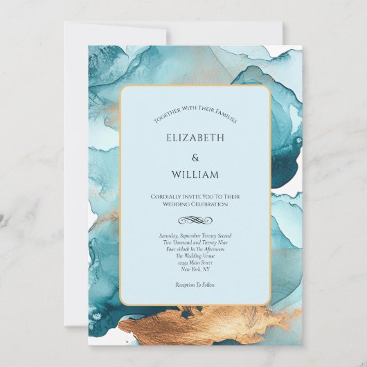 Blauwgroen Gouden Waterverf Alcoholinkt Modern Wed Kaart (Voorkant)