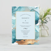 Blauwgroen Gouden Waterverf Alcoholinkt Modern Wed Kaart (Staand voorkant)