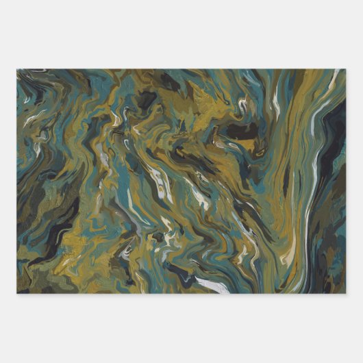 Blauwgroen, gouden, witte en zwarte oliën inpakpapier vel (Voorkant)