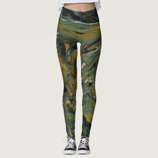 Blauwgroen, gouden, witte en zwarte oliën leggings (Voorkant)