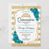 Blauwgroen gouden witte strepen Quinceanera Kaart (Voorkant)