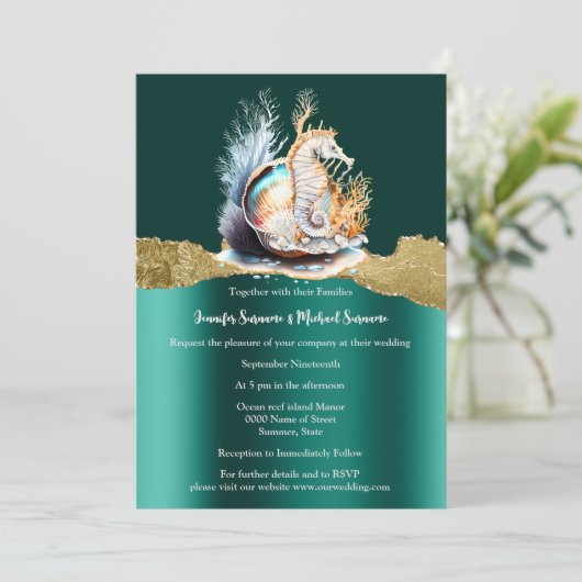 Blauwgroen gouden zeepaardshimmer iriserend nautis kaart (Staand voorkant)