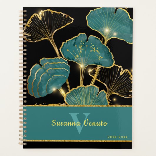 Blauwgroen Gouden Zwarte Ginkgo Leaf Botanische Ku Planner (Voorkant)