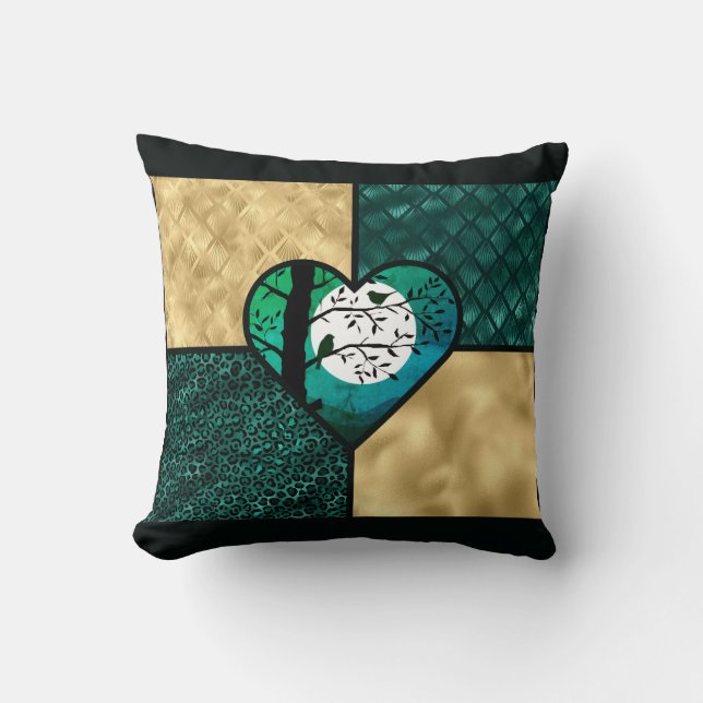Blauwgroen, gouden & zwarte maanlichtvogels kussen (Voorkant)