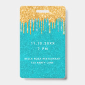 Blauwgroen goudglitter drift op uitnodiging badge (Achterkant)