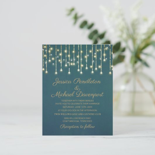 Blauwgroen goudglitter String Fairy Light Wedding Kaart (Staand voorkant)