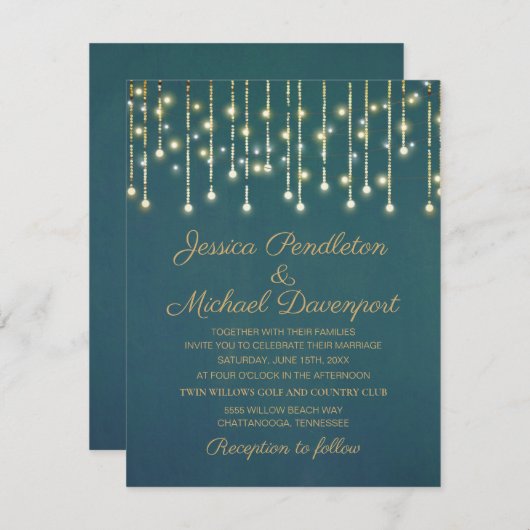 Blauwgroen goudglitter String Fairy Light Wedding Kaart (Voorkant / Achterkant)