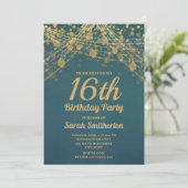Blauwgroen goudglitter String Lights Sweet 16 Birt Kaart (Staand voorkant)
