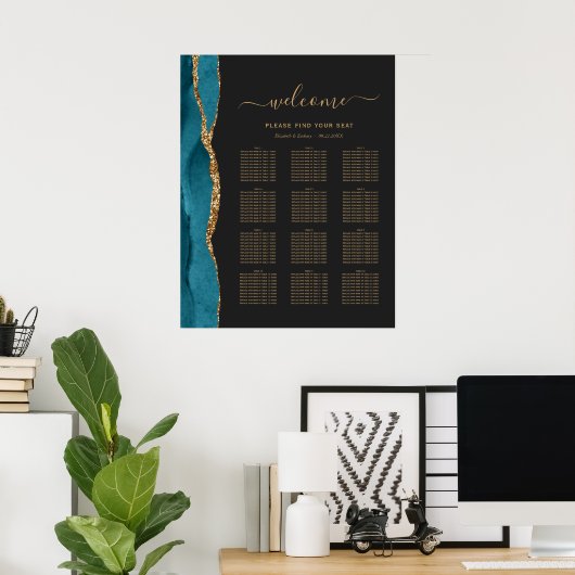 Blauwgroen goudgrijs 12-tafel bruiloft poster (Thuiskantoor)
